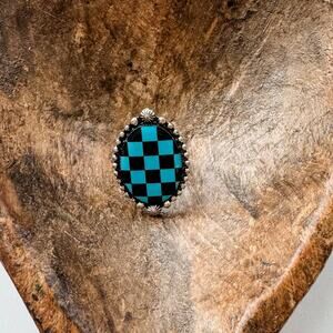 Western Checkered Cuff Ring - Oval Black Turquoise